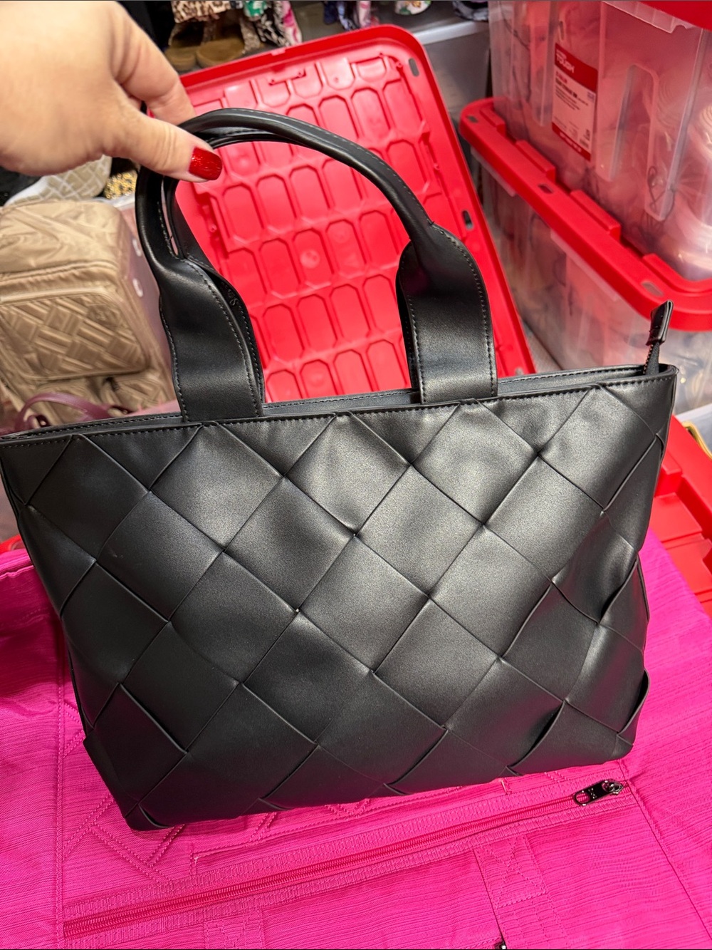 Woven Faux-Leather Top-Handle Satchel in Black